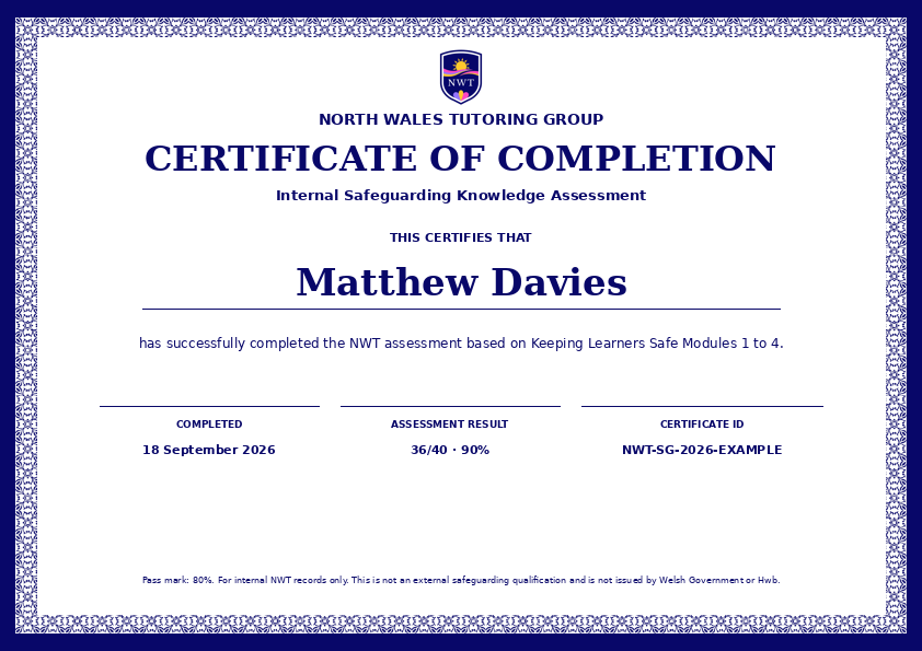 Example NWT Certificate of Completion issued to Matthew Davies